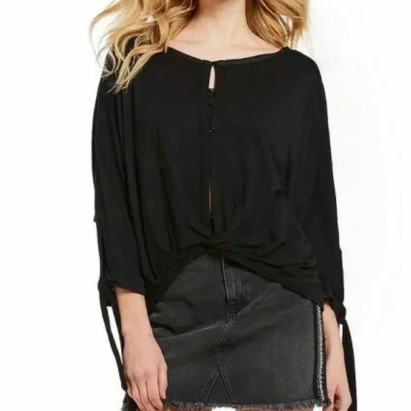 Free People Keepin On Tee, Black, Twist Front, Tie Sleeves Flowy Top  Size M - Picture 1 of 6